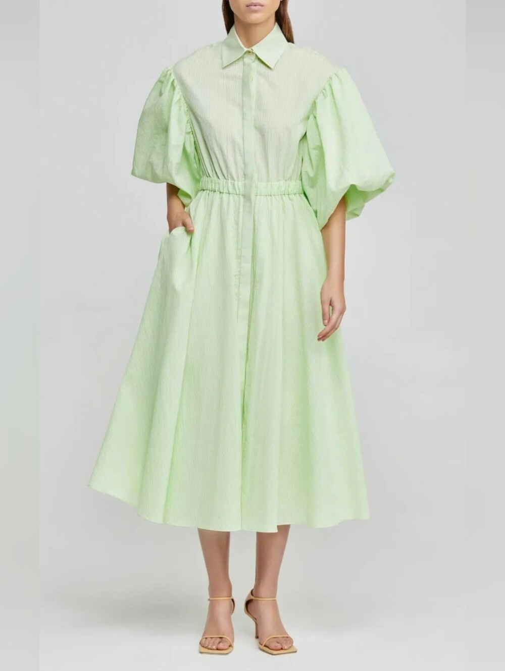 Acler Gleb Dress Iced Mint Green Seersucker Stripe Cotton Statement Sleeve XS S